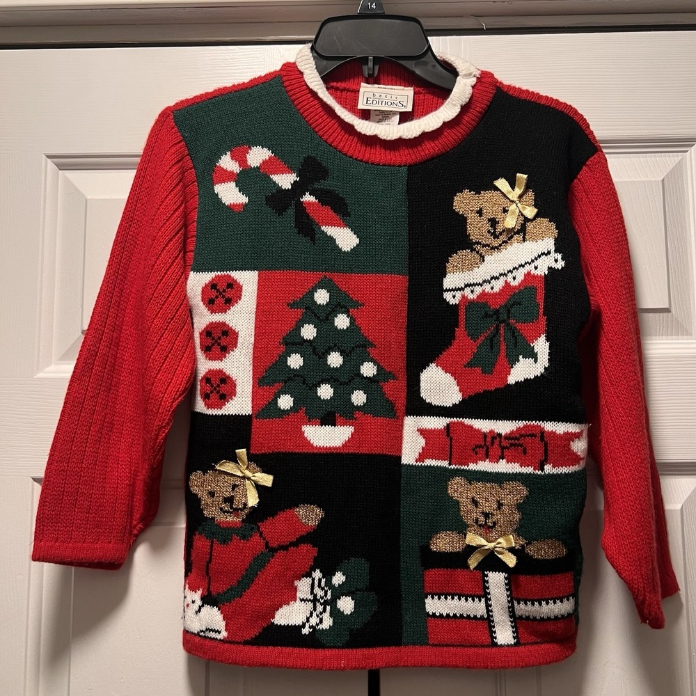 Vtg Basic Editions Christmas Holiday Girls Sweater Medium (7/8) Teddy Bear Tree